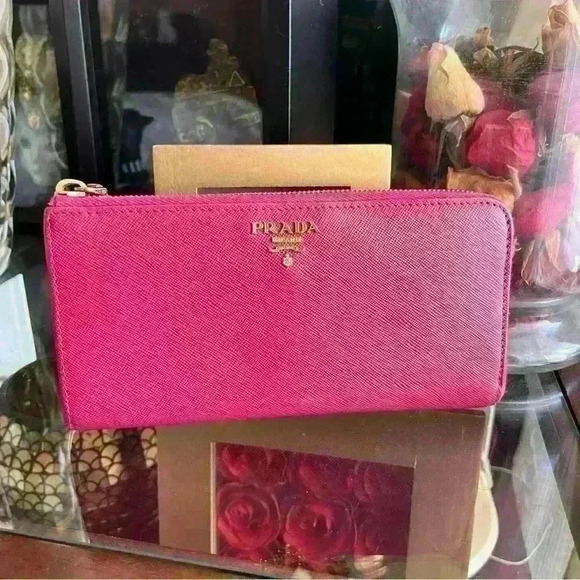 Authentic PRADA Saffiano Leather Half Zip Long Wallet 8  Cardholder Berry Shade - Picture 1 of 14